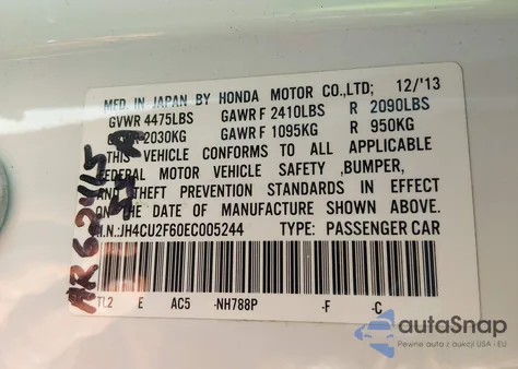 2014 Acura Tsx 2.4 z USA, uszkodzony, nr VIN JH4CU2F60EC005244